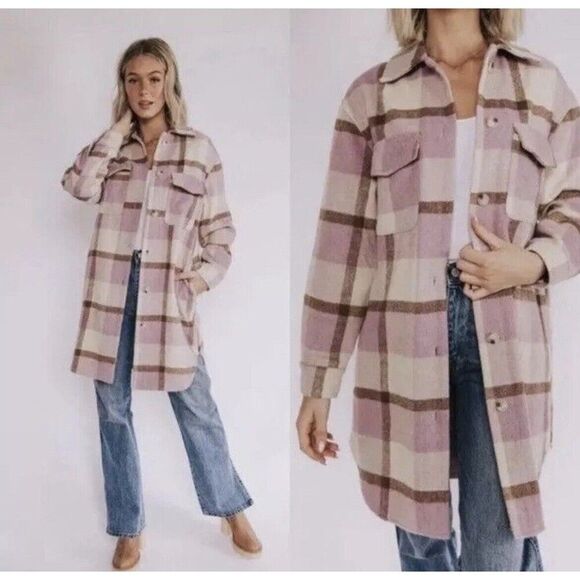 Blank NYC Lavender Beige White Plaid Oversized Long Shirt Jacket Shacket Small - Picture 1 of 15
